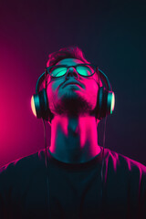 Portrait of trendy young man wearing headphones listening music against neon colored background