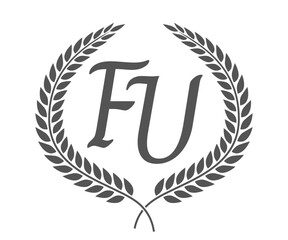 Initial letter F and U, FU monogram logo design with laurel wreath. Luxury calligraphy font.