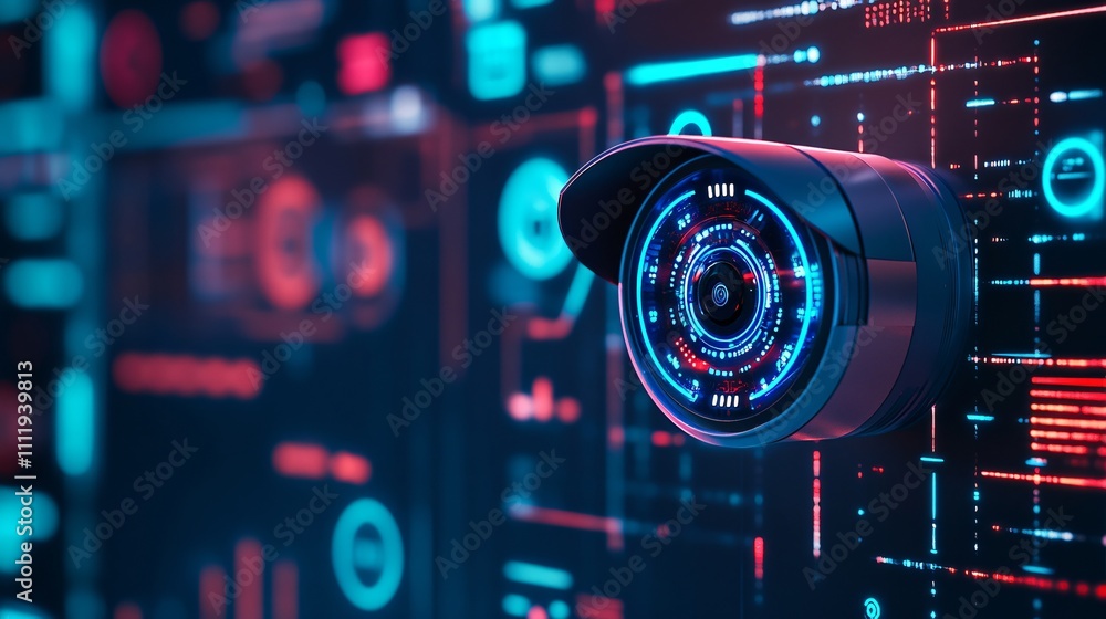Aufkleber modern security camera with illuminated lens on futuristic digital interface background. macro shot 