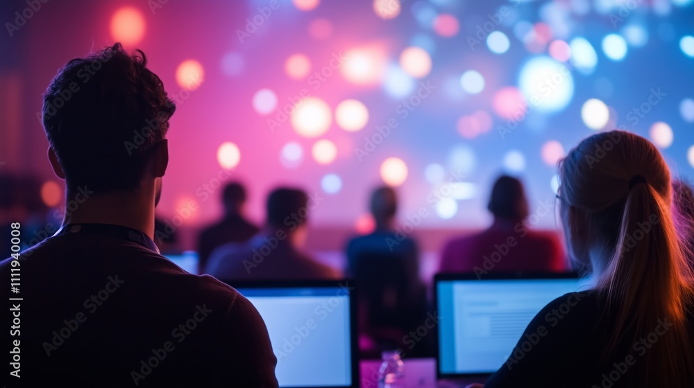 Poster participants engage in a creative workshop at a tech conference featuring colorful visuals and colla