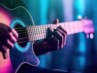 Obraz premium A musician tuning a guitar in a small studio, soft blue and purple neon glow, shallow depth of field focusing on strings