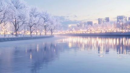 Fototapeta premium Frosty Riverbank Serenity: Photorealistic Winter Waterfront View with City Lights Reflections - Ultra-Detailed Image
