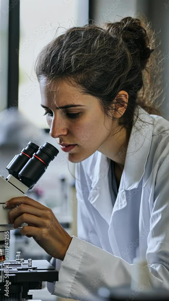 Poster scientist examines samples using microscope in laboratory during daylight hours for research