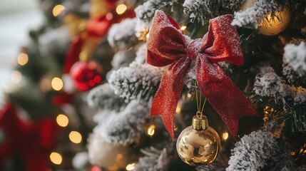 A snowy balsam fir tree outdoors, adorned with red bows, gold bells, and a shimmering garland