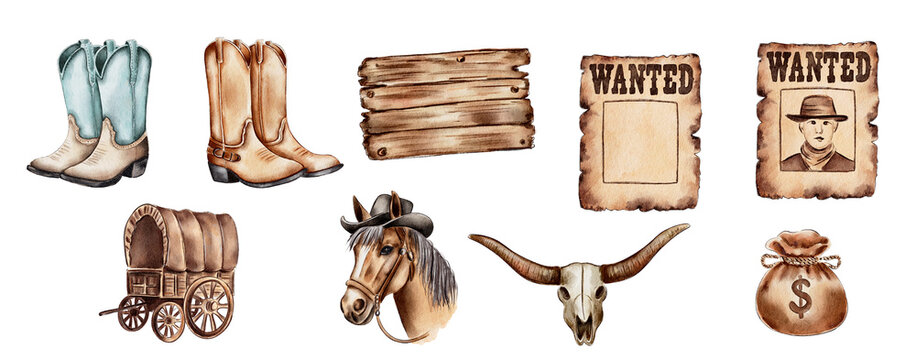 Set of cowboy western elements.Watercolor painting isolated on white background.