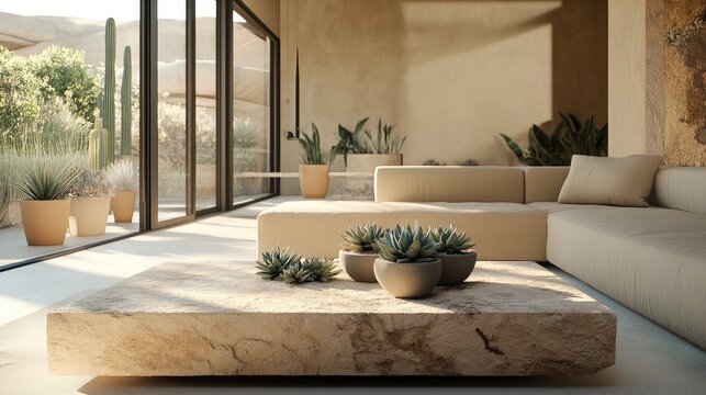 A modern desert living room showcasing a sandstone coffee table and a cozy beige sofa. Natural light streams through large windows
