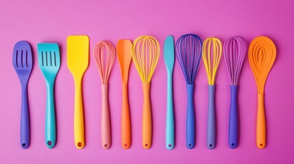 Set of colorful silicone spatulas and whisks, arranged in a row on a vibrant background 