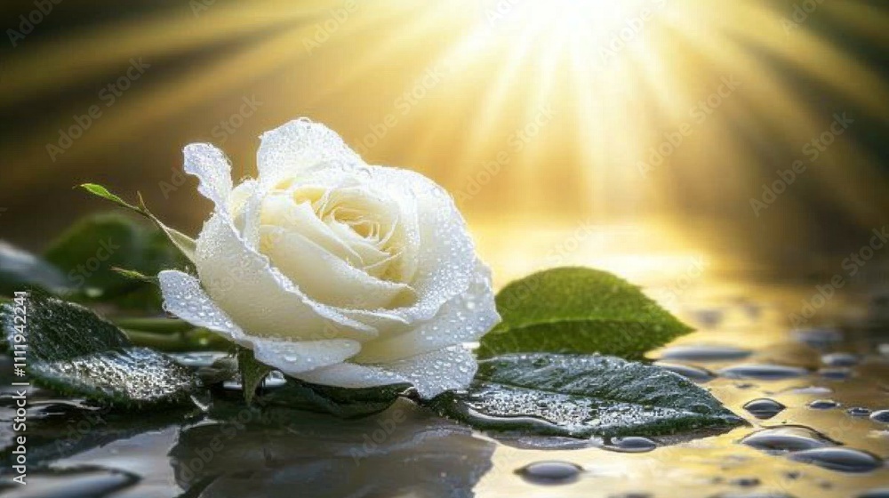 Poster White Rose with Dew Drops and Rays of Light in a Serene Setting