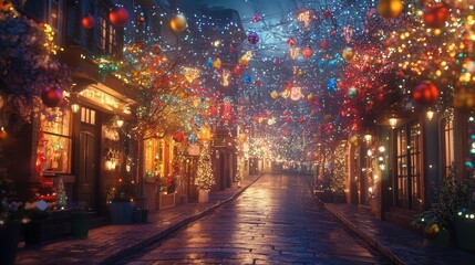 A street bathed in the soft glow of Christmas lights, with icicle lights hanging from rooftops and trees adorned with colorful ornaments, bringing festive warmth to the night.