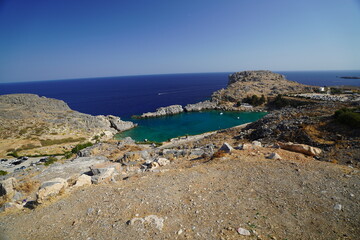 Fototapeta premium panorama of Lindos Bay and beach resort , greek village