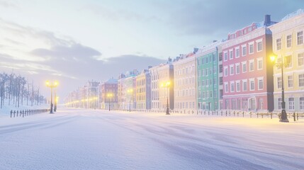 Vibrant Winter Cityscape at Dusk with Colorful Buildings and Golden Streetlights Casting Warm Glow over Snowy Streets - Ultra-Detailed Photorealistic Image