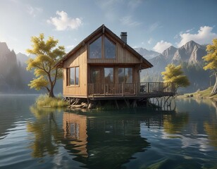 Obraz premium A wooden house partially submerged in the lake , house, nature