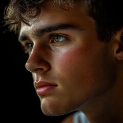 Obraz premium Close up portrait of a young man's face showing his expressive eyes and soft features.