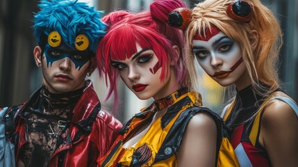 Obraz premium Group cosplay idea with popular comic book and anime characters standing together, vibrant costumes and makeup