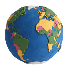 Globe-Like Object with Vibrant Colors Representing Continents - Clay or Plastic Material, Green, Yellow, and Blue Landmasses, Blue Oceans and Seas, Isolated on White Background, Creative Earth