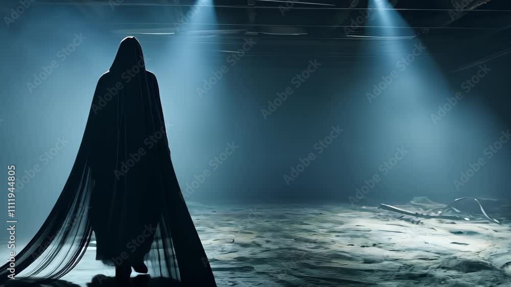 Poster A figure in a dark space, wearing a flowing cloak, illuminated by beams of light from above, creating a mysterious atmosphere.