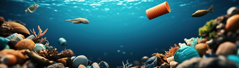 Plastic waste floating in deep ocean with marine life, ocean pollution, highlighting human impact on ecosystems