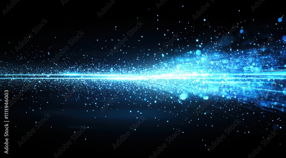 Poster abstract blue glowing light effect background with bokeh lights and particles. high-speed motion blu