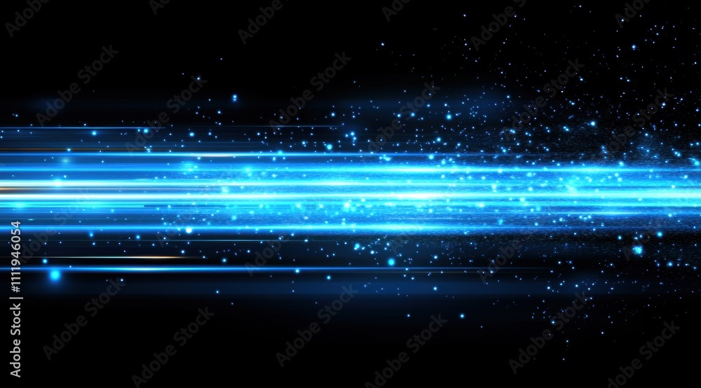 Poster abstract blue glowing light effect background with bokeh lights and particles.