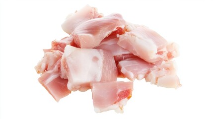 Close-up of various pieces of lard with visible streaks of meat, arranged on a clean white background, showcasing marbling textures and vibrant natural colors for culinary visuals.