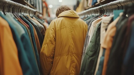 Naklejka premium A person in a yellow jacket walks through a clothing store.