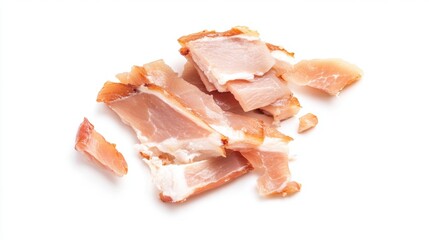 Close-up of various pieces of lard with visible streaks of meat, arranged on a clean white background, showcasing marbling textures and vibrant natural colors for culinary visuals.