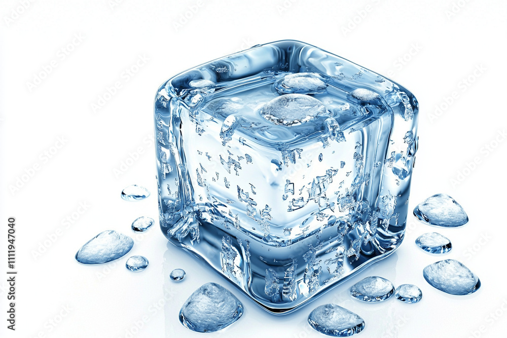 Poster clear ice cube with droplets on a pristine white background