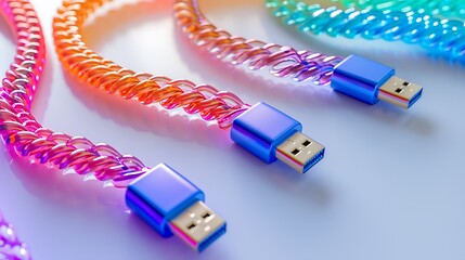 Fototapeta premium A set of colorful USB cables, neatly coiled and displayed on a bright white surface with clear detailing.