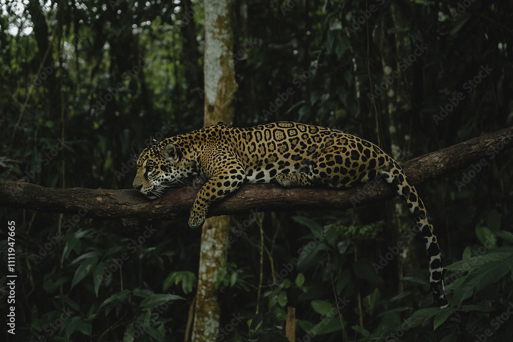 Poster leopard resting on a branch in the dense jungle