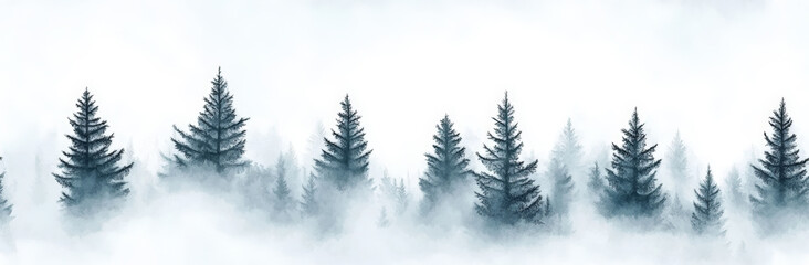 Obraz premium Seamless natural panoramic background, misty landscape with fir forest, hipster vintage retro style