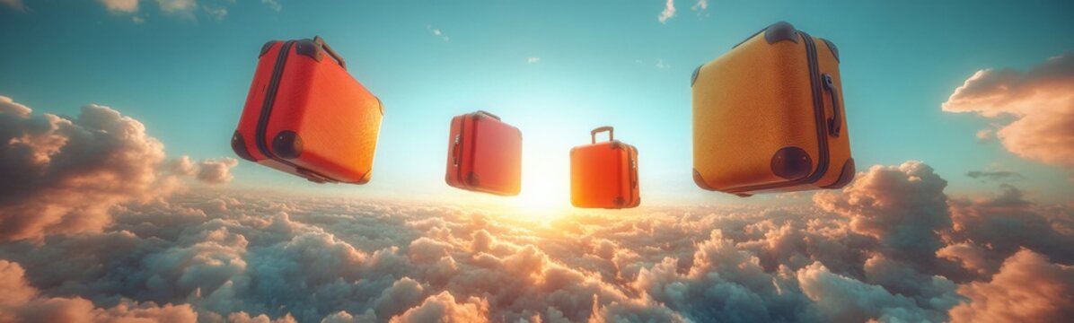 Suitcases flying in the sky with clouds and sun, travel
