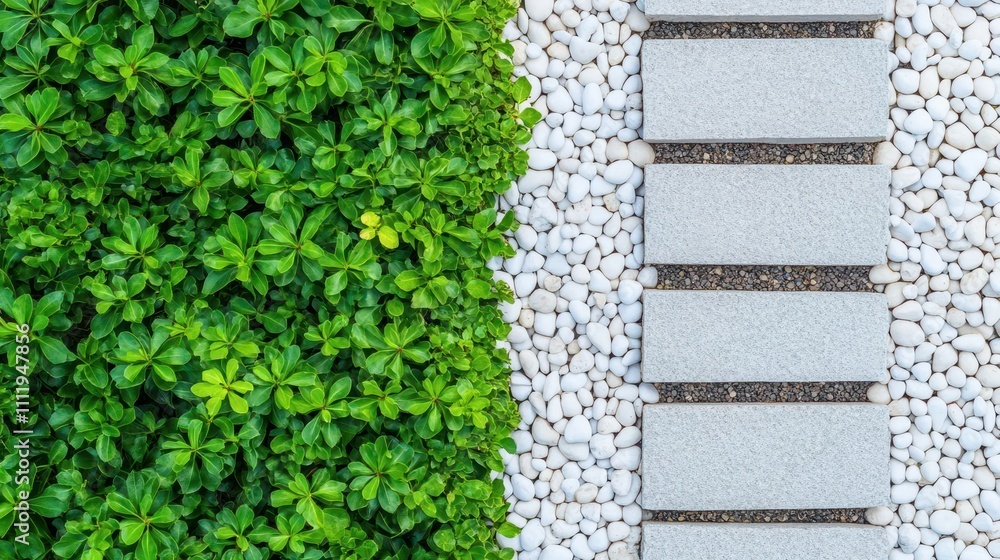 Poster a textured stone path leading through a minimalist garden with white pebbles and sparse greenery top