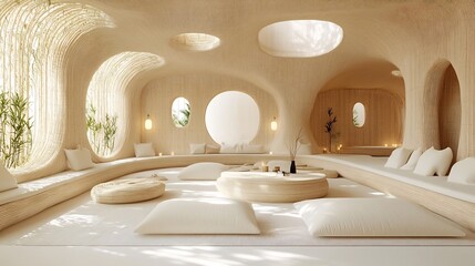 Tranquil and Harmonious Minimalist Interior with Organic Curved Shapes and Soft Lighting