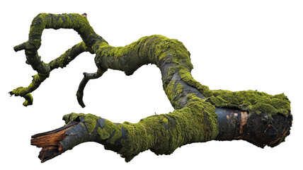 Fototapeta premium Rotten Branch Covered in Green Moss, Isolated on White Background - Decaying Wood, Natural Texture, Moss Growth, Detailed Close-Up, Organic Matter, Earthy Tone, Isolated on white background
