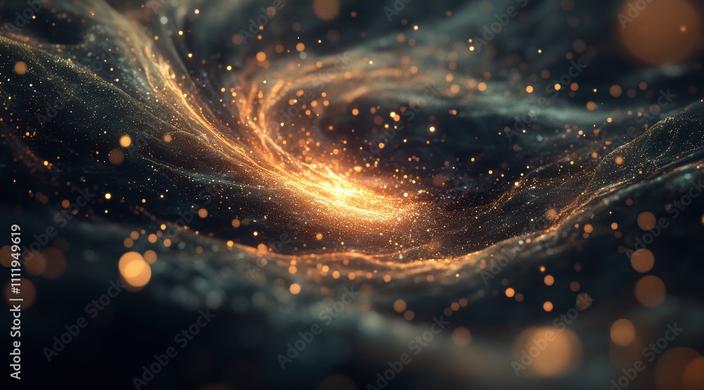 Aufkleber a dark background with gold particles and lights. a blurred image of an abstract galaxy in the cente