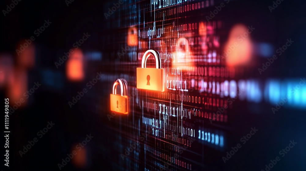 Poster digital security concept showcasing locked data with glowing padlocks and abstract binary background