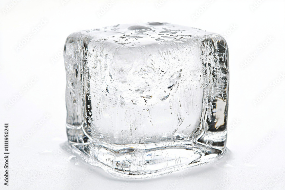 Poster clear ice cube resting on a smooth surface in bright lighting