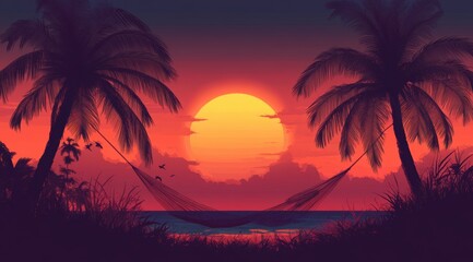 A sunset in Hawaii with two palm trees and a hammock between them. 
