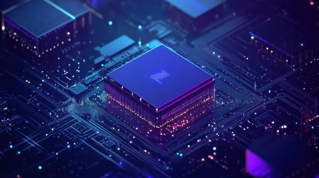 The artwork showcases a digital AI chip embedded in an abstract representation of a technology brain, set against a dark blue background. Generative AI