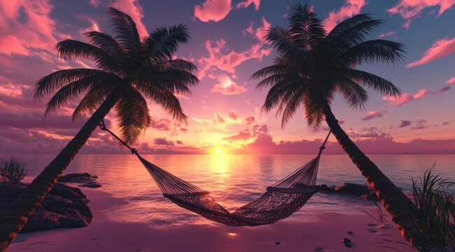 A sunset in Hawaii with two palm trees and a hammock between them