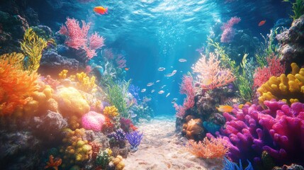 Vibrant underwater scene filled with colorful coral reefs and tropical fish in a serene ocean environment.