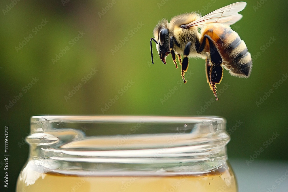Poster bee hovering over a jar of honey in a natural setting