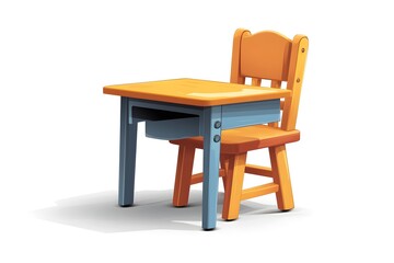 Fototapeta premium Wooden school desk with red chair, open book, and pencils in holder, isolated on white background
