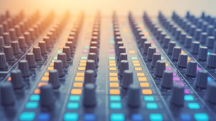Fototapeta premium Professional audio mixing console with knobs and faders for music production and recording