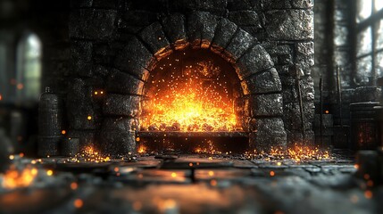 Fototapeta premium Warm and Cozy Fireplace with Glowing Flames in a Rustic Stone Hearth