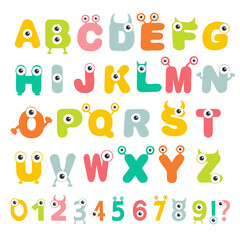 Set of creepy funny monsters alphabet. Font design for kids. Vector illustration of ABC banner with numbers for preschool, kindergarten kids or kindergarten children to learn letters.