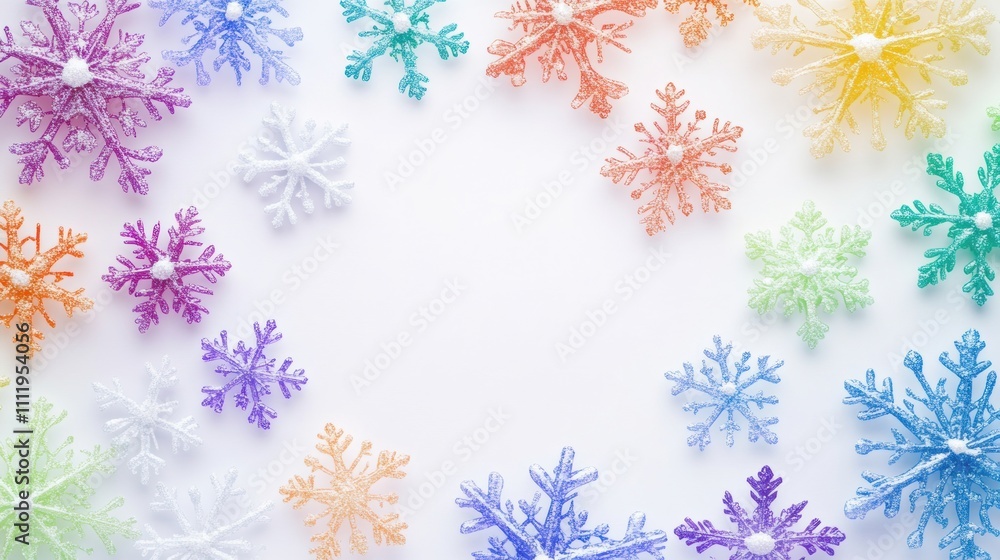 Leinwandbilder rainbow colored snowflakes with intricate designs are arranged around a blank space, creating an inv