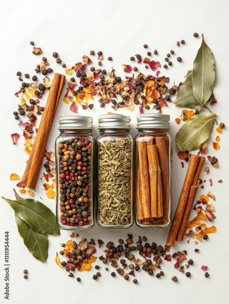 Aufkleber Small jars filled with colorful spices are surrounded by bay leaves and cinnamon sticks, creating an aromatic scene ideal for cooking and baking. Generative AI