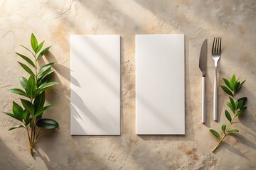 Elegant Presentation of Two Blank 4x9 Menu Cards Mockup on a Minimalist Neutral Background with Leaf Shadows and Spotlight for Restaurant or Event Design Use