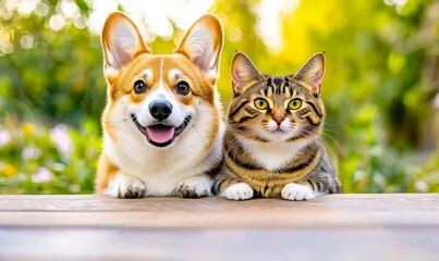 minimal photostock of a  cute fluffy friends a corgi dog and a tabby cat sit together in a sunny spring meadow , isolated on white background,  , copy space, copy space for text,